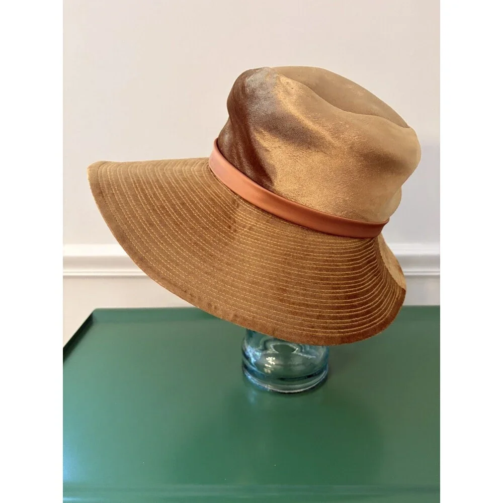 Vtg Mr Kim Original Sun Hat Wide Brim Satin Ribbon Bow Gold Bronze 1950s 60s